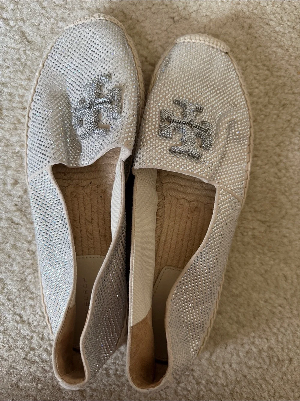Tory Burch Everly Suede Espadrille Cream Suede w/Silver Sequins size 9 worn 1x